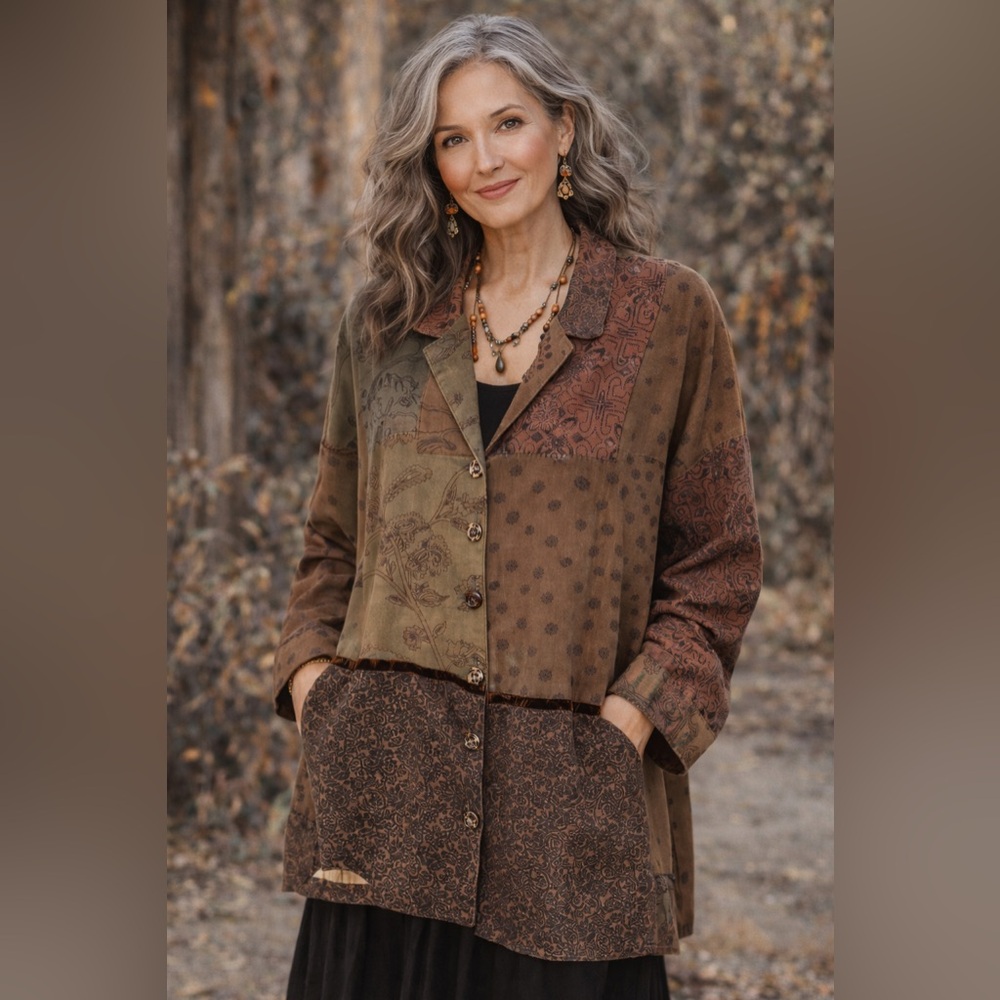 Coldwater Creek Patchwork Rayon Jacket Size L Art… - image 1